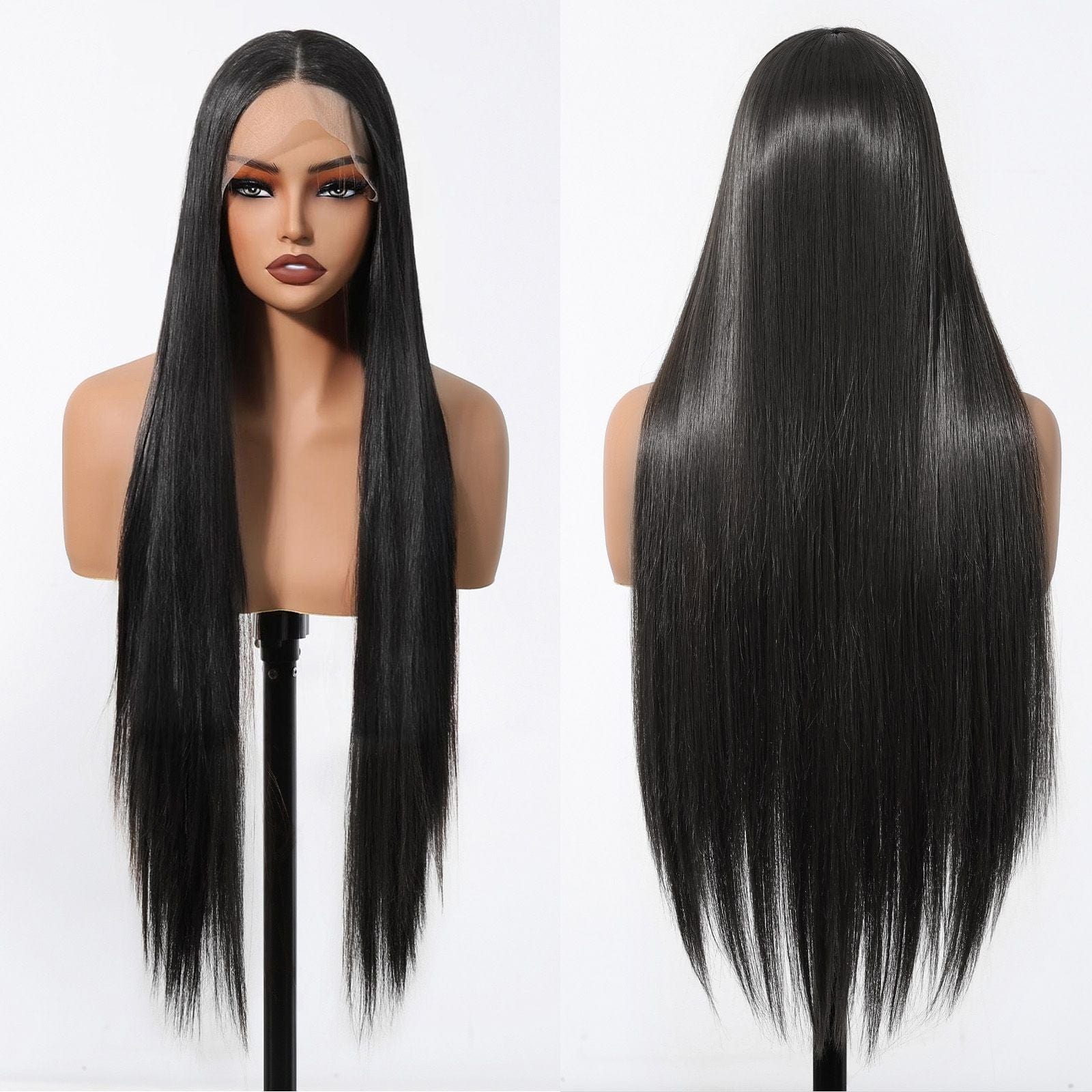 HAIRCUBE 23 inch free part synthetic wig long straight black hair front and back view