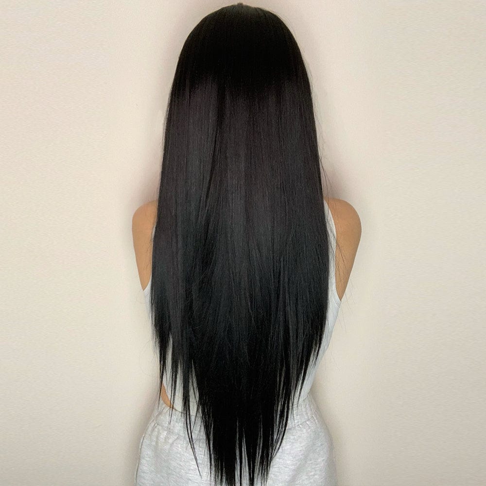 HAIRCUBE 23 inch free part synthetic wig with long straight black hair styled from the back