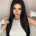 HAIRCUBE 23 inch free part synthetic wig with long straight black hair on model
