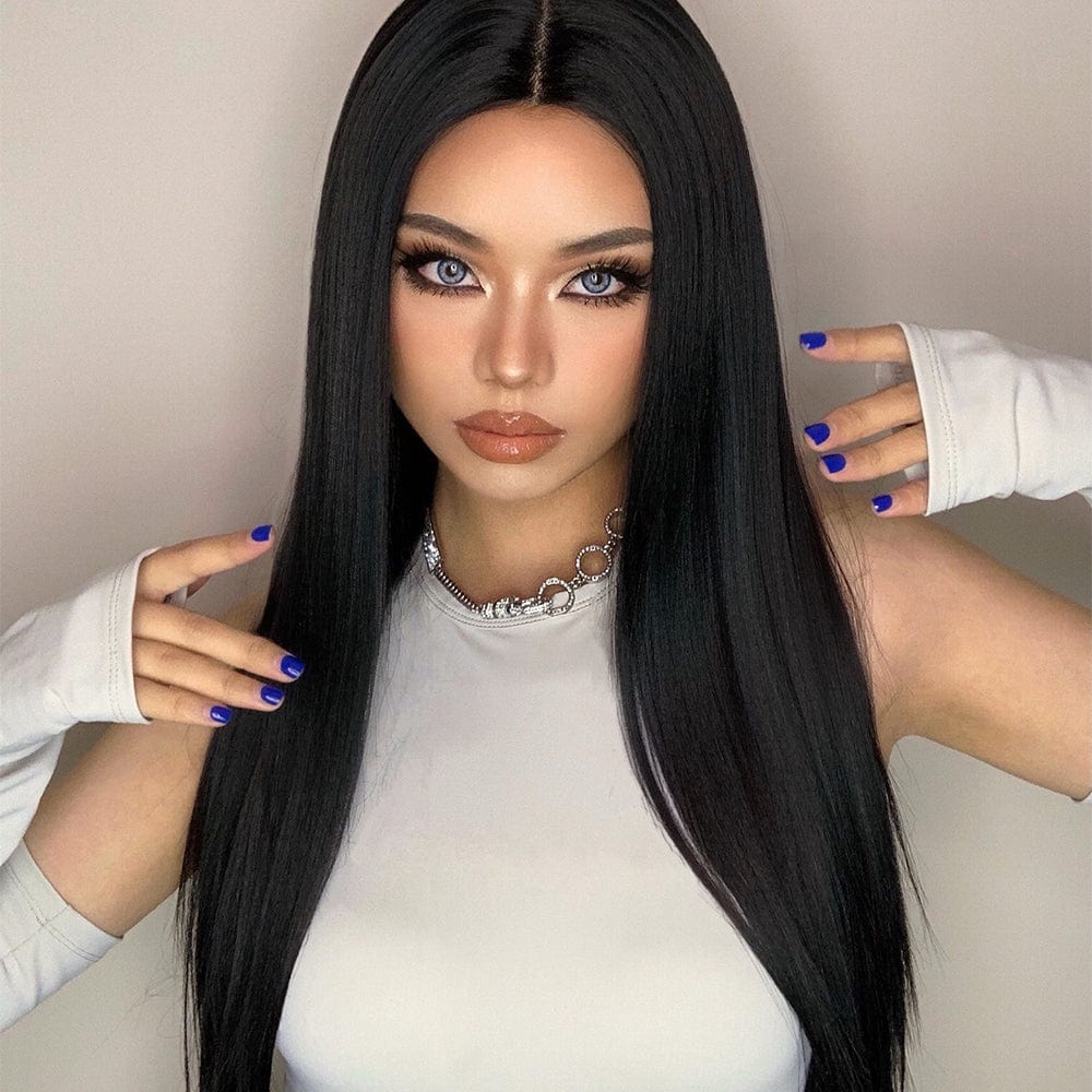 HAIRCUBE 23 inch free part synthetic wig with long straight black hair on model