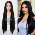 HAIRCUBE 23 inch free part synthetic wig in long straight black hair style displayed on mannequin and model