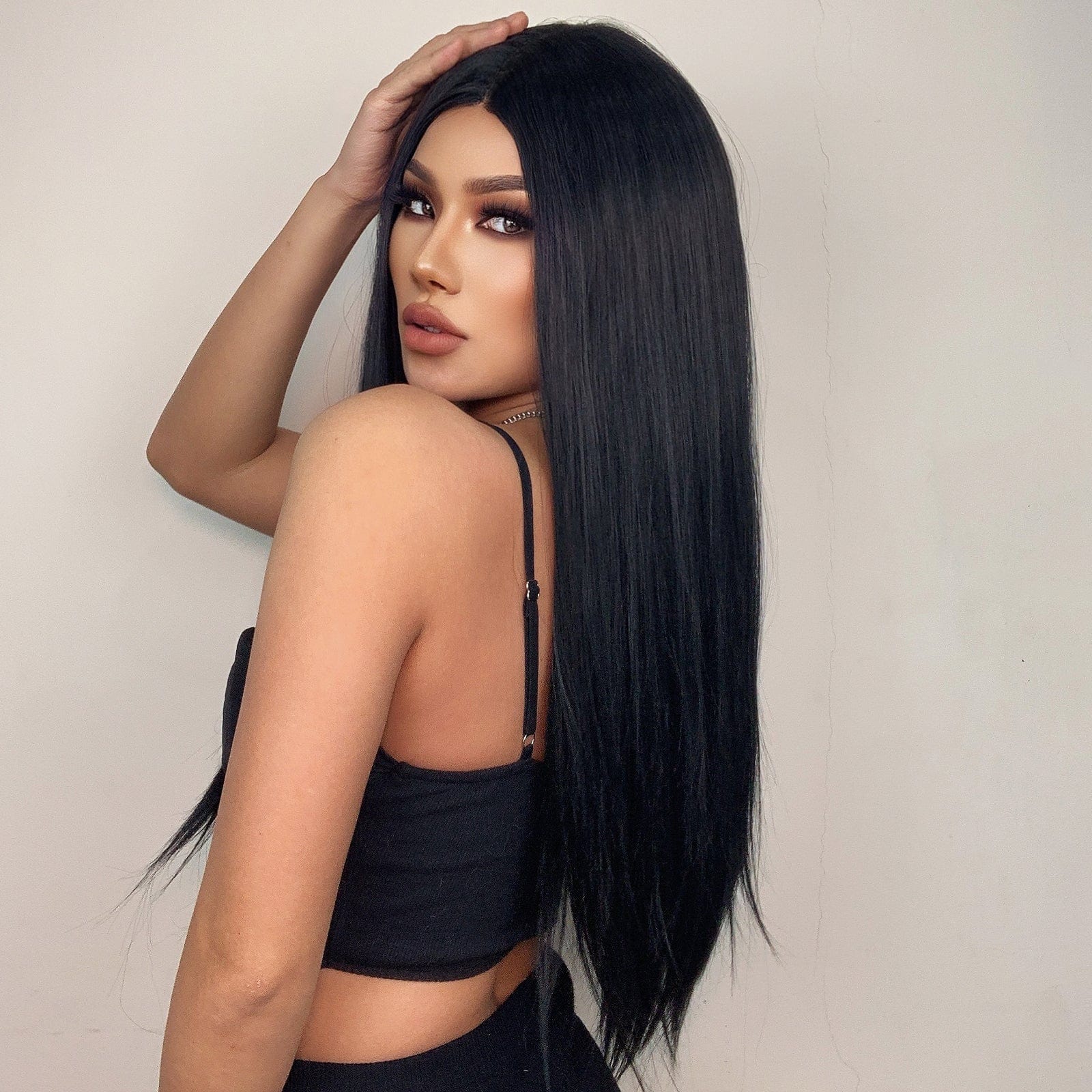 HAIRCUBE 23 inch free part synthetic wig in sleek straight black hair style
