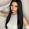 HAIRCUBE model wearing a sleek 23 inch free part synthetic wig with long black straight hair
