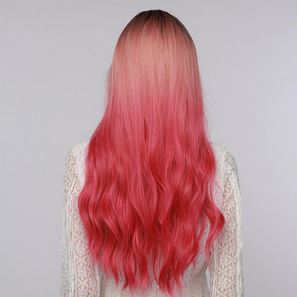 La Sylphide 23 inch pink ombre cosplay wig with long wavy hair from dark roots to bright pink ends