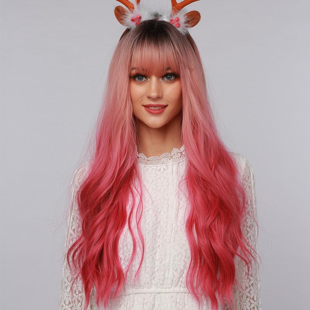 La Sylphide 23 inch pink ombre cosplay wig with long wavy hair and straight bangs