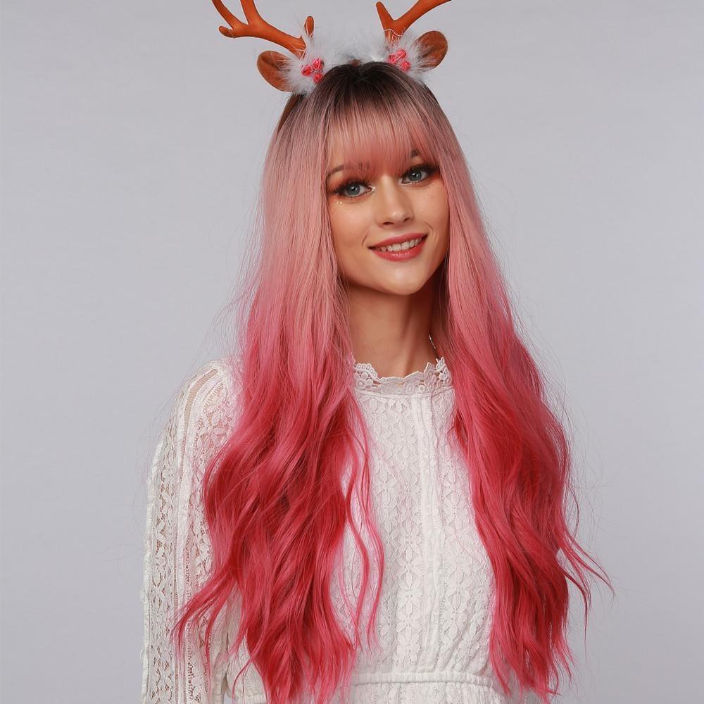 La Sylphide 23 inch pink ombre cosplay wig with long wavy hair and bangs worn by model