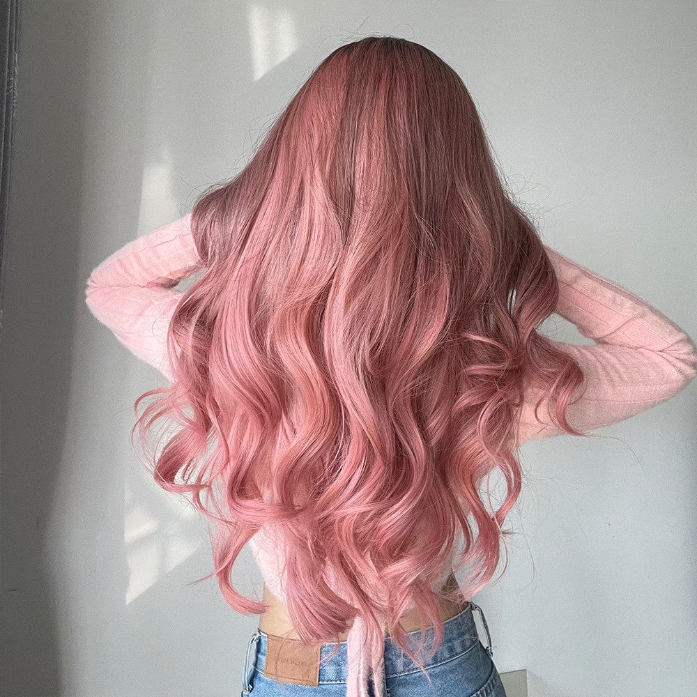 HAIRCUBE 23 inch pink synthetic wig with long wavy hair styling shown from the back