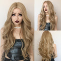HAIRCUBE honey blonde lace front wig with long wavy hair shown from front and back views