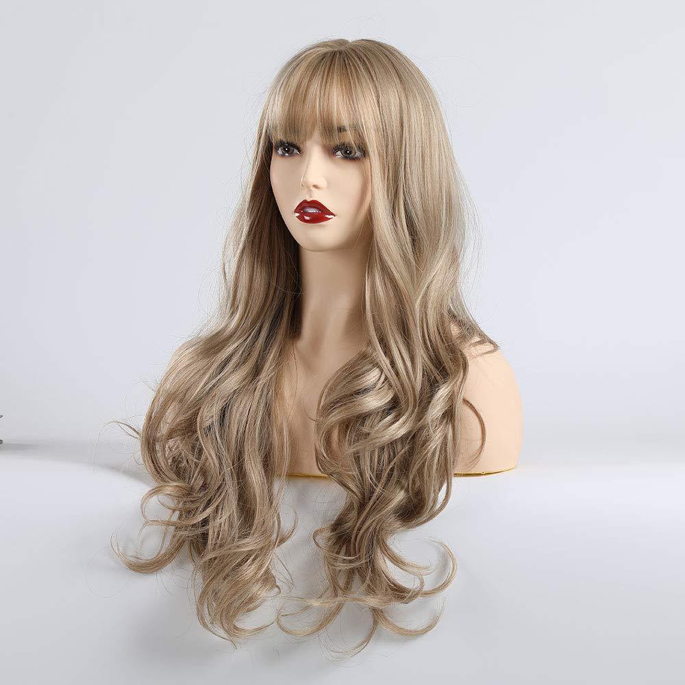 Alan long blonde curly wig displayed on mannequin with natural volume and soft waves