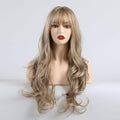 Alan long blonde curly wig with soft waves and bangs displayed on mannequin head