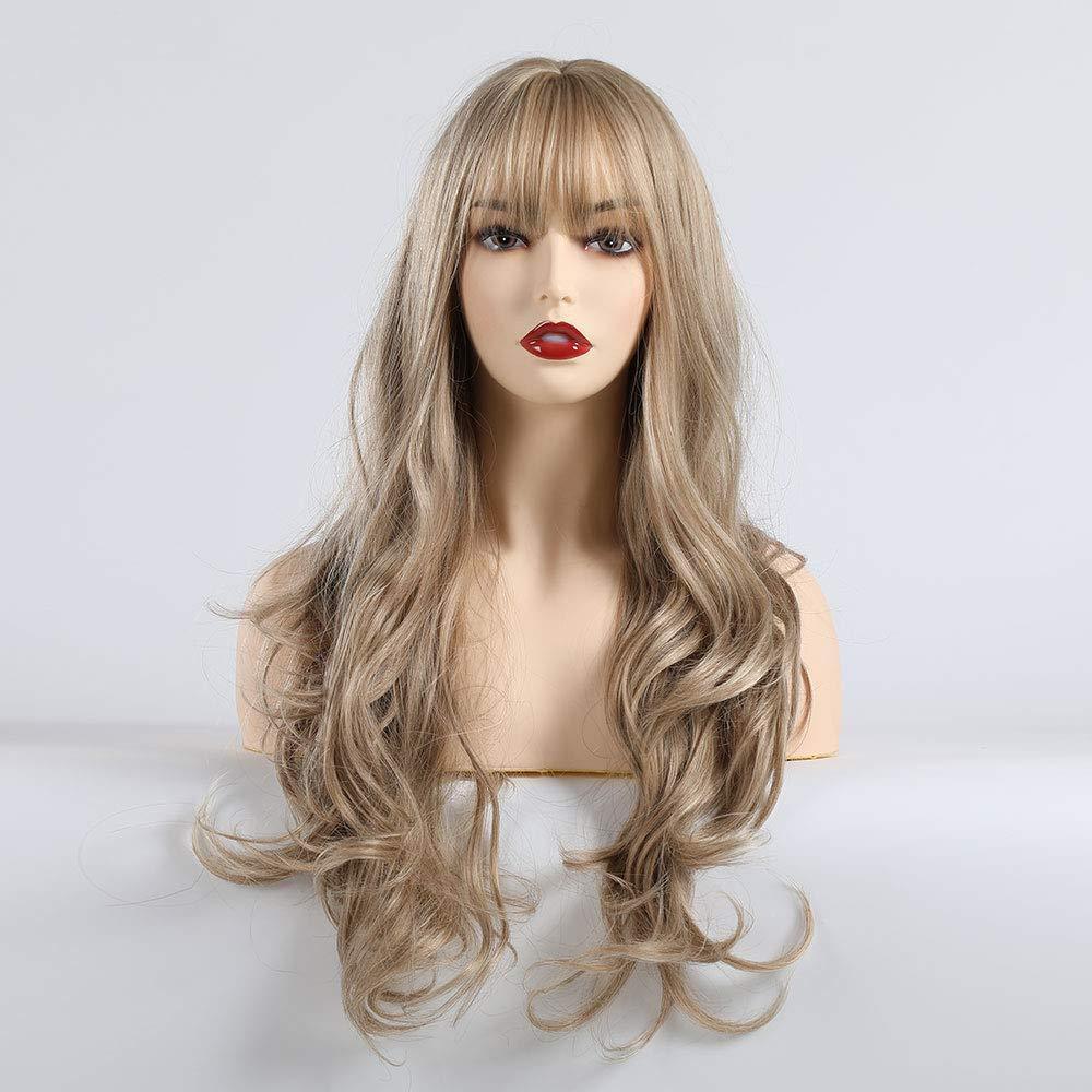 Alan long blonde curly wig with soft waves and bangs displayed on mannequin head