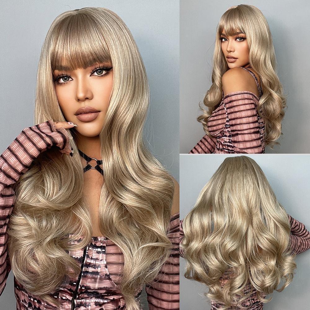 Alan long blonde curly wig with bangs styled on a model wearing a striped top