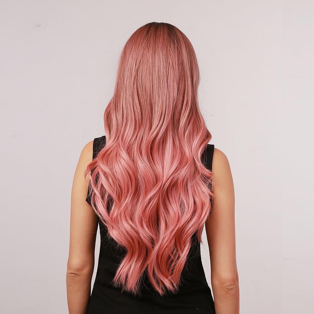 oneNonly long wavy pink wig shown from the back on a person wearing a black sleeveless top