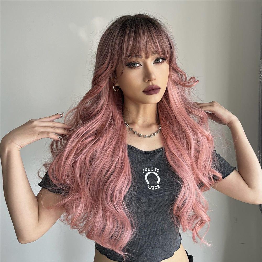 oneNonly long wavy pink wig worn by model with bangs and layered curls