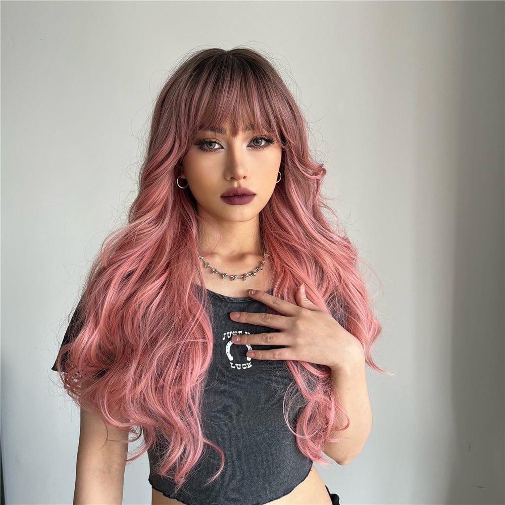 oneNonly long wavy pink wig with soft waves and natural look on model with bangs
