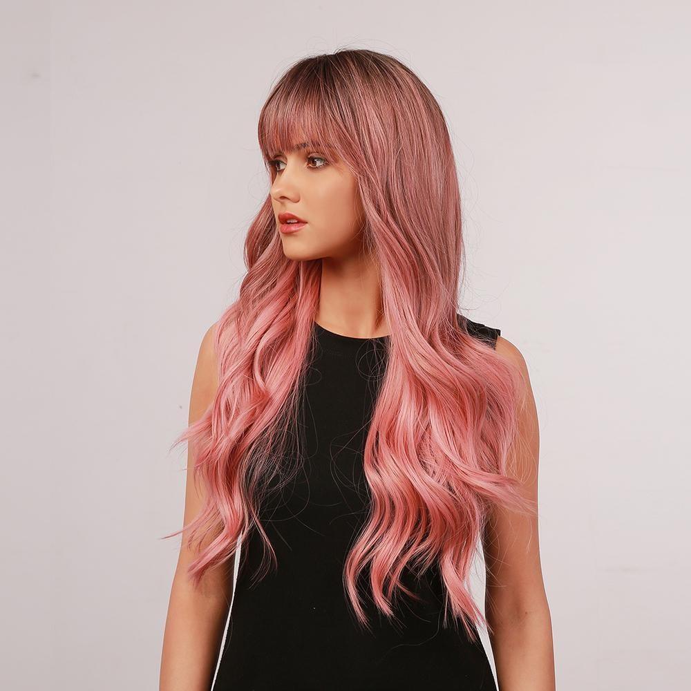 oneNonly long wavy pink wig worn by model with black sleeveless top