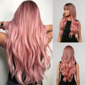 oneNonly long wavy pink wig shown from front and back on a model with natural waves and soft texture