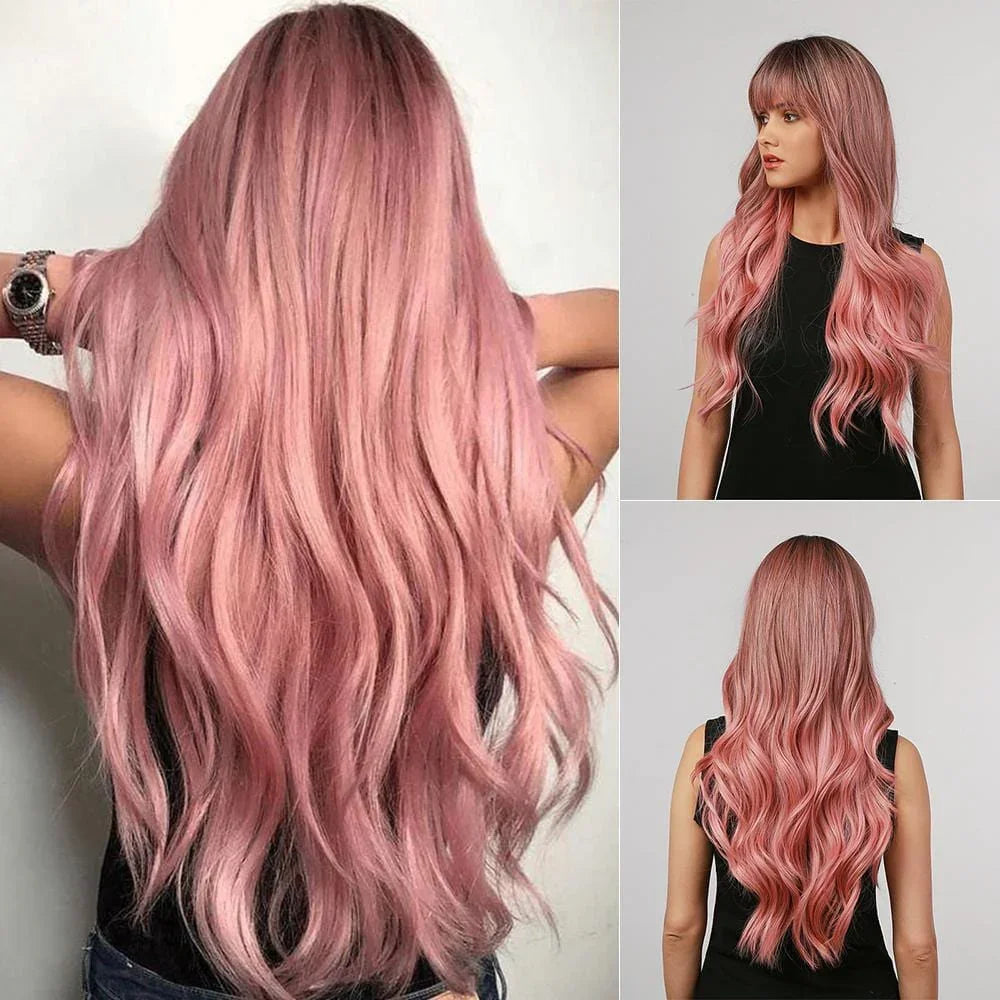 oneNonly long wavy pink wig shown from front and back on a model with natural waves and soft texture