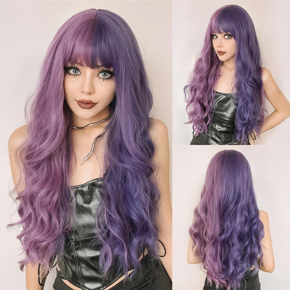 HAIRCUBE long wavy purple wig for women with split pink and purple colors styled in loose waves