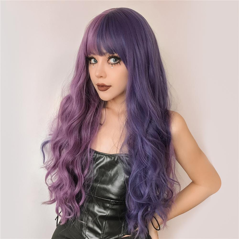 HAIRCUBE long wavy purple wig for women with gradient styling worn by woman in black top