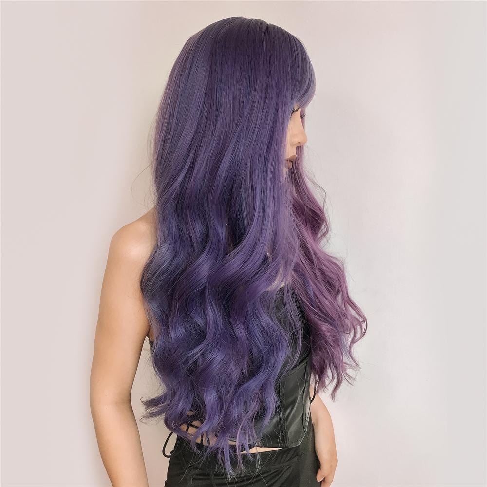 HAIRCUBE long wavy purple wig for women styled on model with black outfit