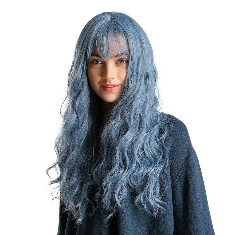 HAIRCUBE mermaid blue synthetic wig with long wavy hair and bangs on a woman