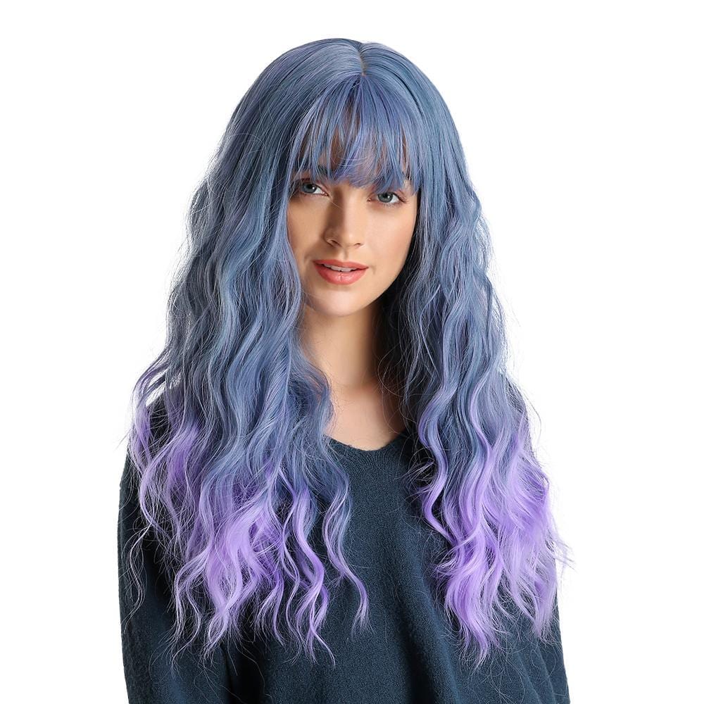 HAIRCUBE mermaid blue synthetic wig with long wavy hair and purple ombre ends on model