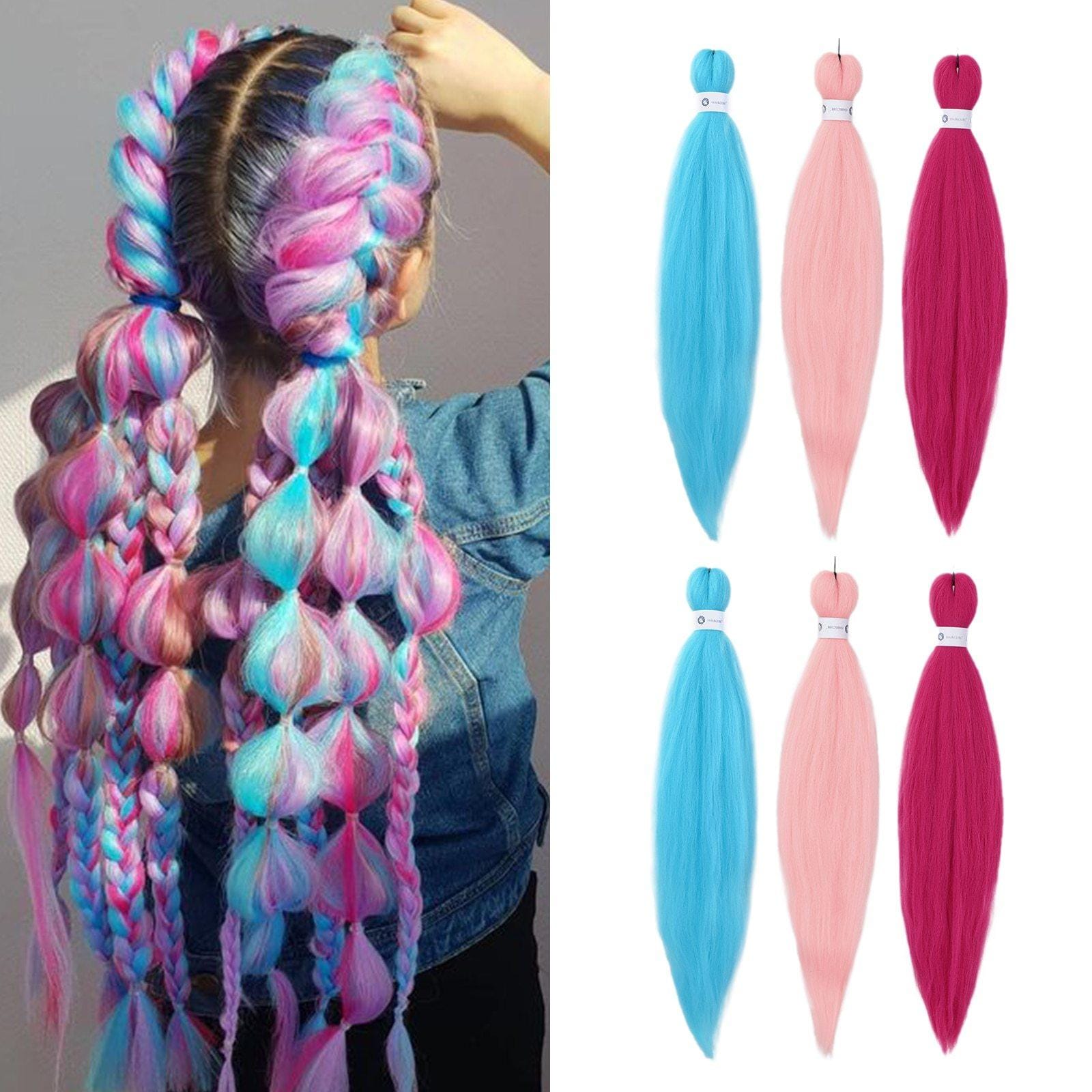 HAIRCUBE unicorn hair extensions 26 inch in blue pink and red colors with braided hairstyle showcase