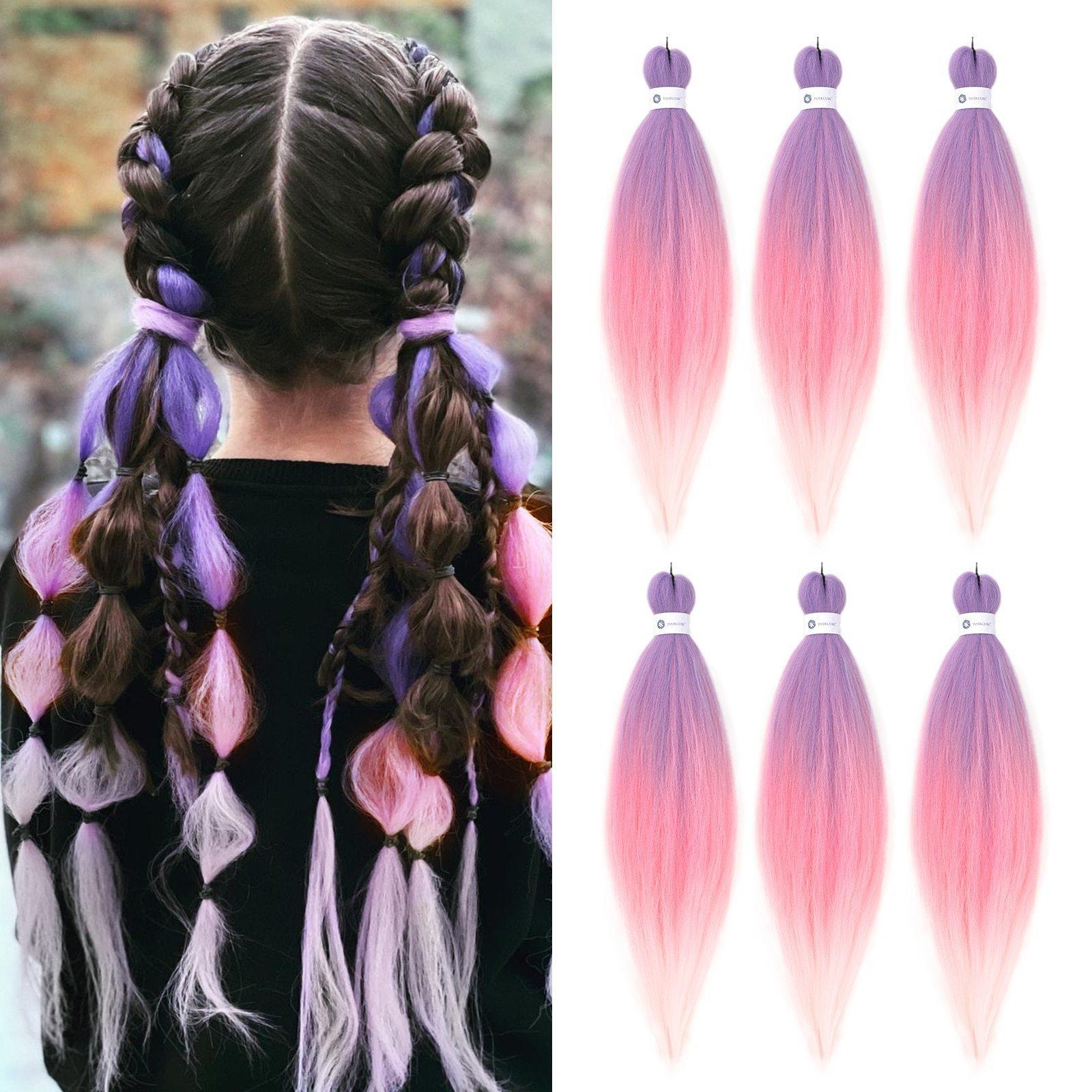 HAIRCUBE unicorn hair extensions 26 inch in pink and purple ombre style on braided hair and six loose strands