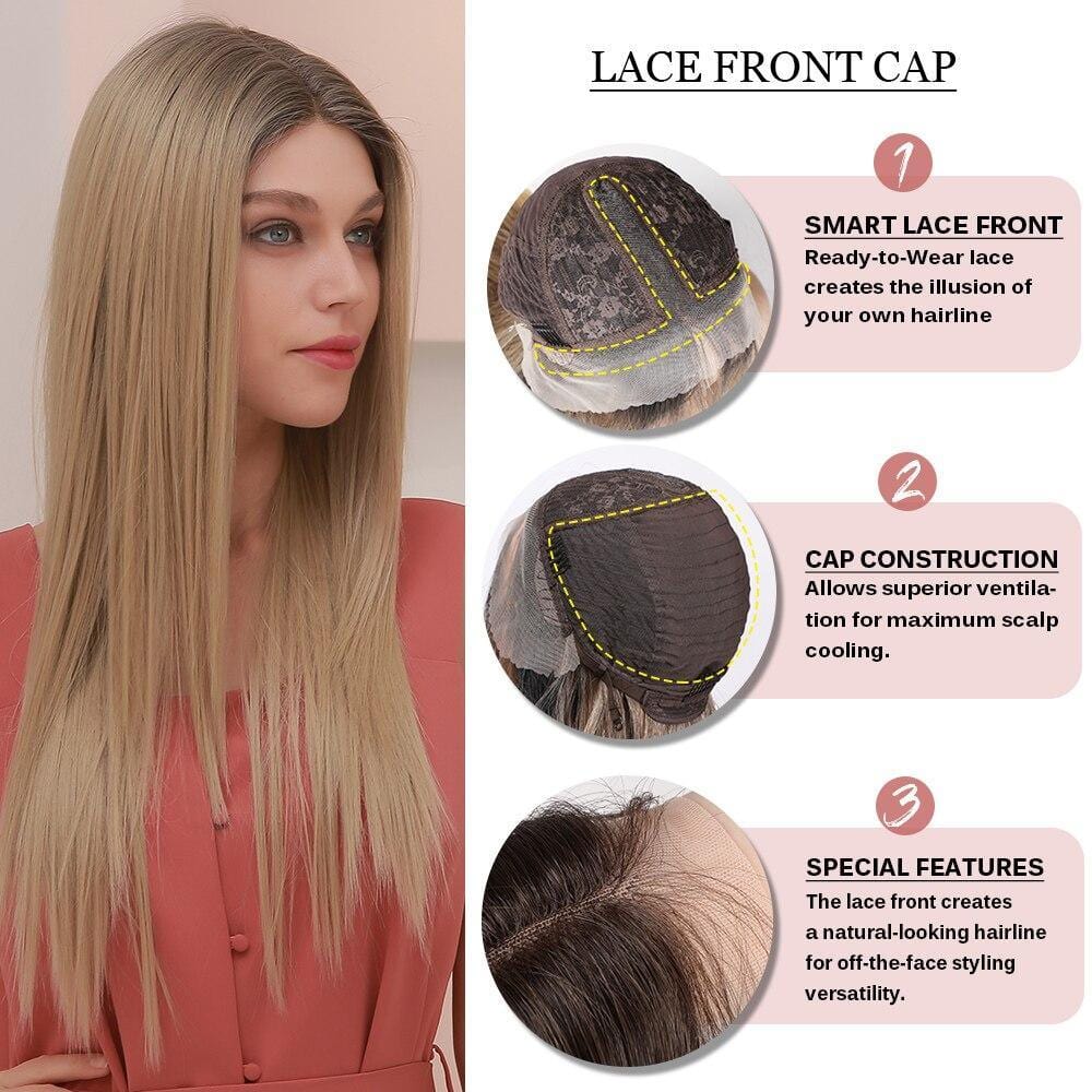 21 inch straight lace front wig by HAIRCUBE showing long straight blonde hair with lace front cap details