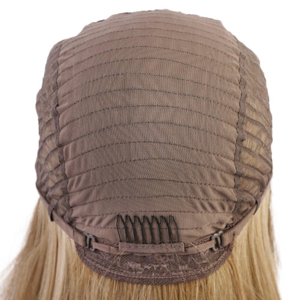 Inside view of HAIRCUBE 21 inch straight lace front wig showing adjustable strap and combs for secure fit