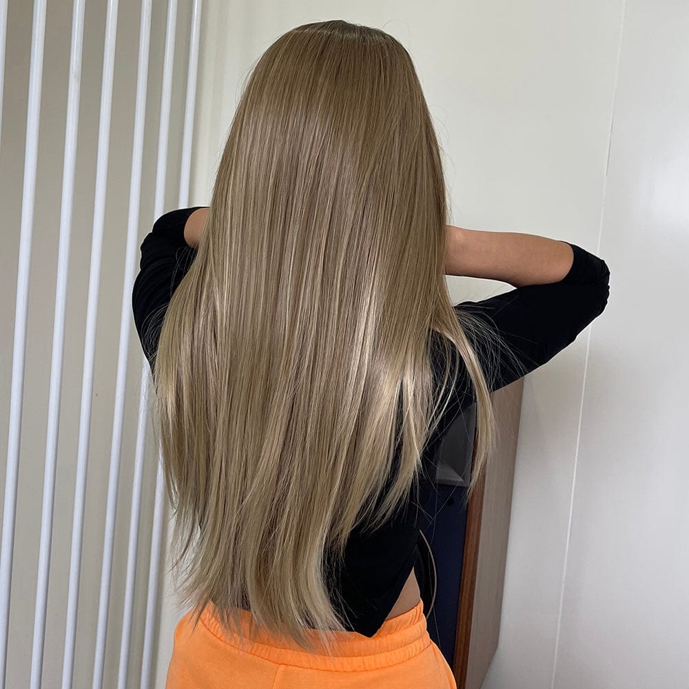 HAIRCUBE 21 inch straight lace front wig shown in long light brown color from the back