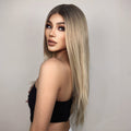 HAIRCUBE 21 inch straight lace front wig with long smooth blonde hair on model